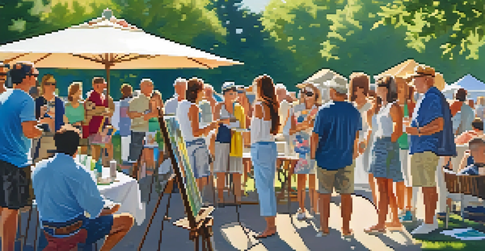 A lively outdoor art community event with artists displaying their work and attendees enjoying the atmosphere.