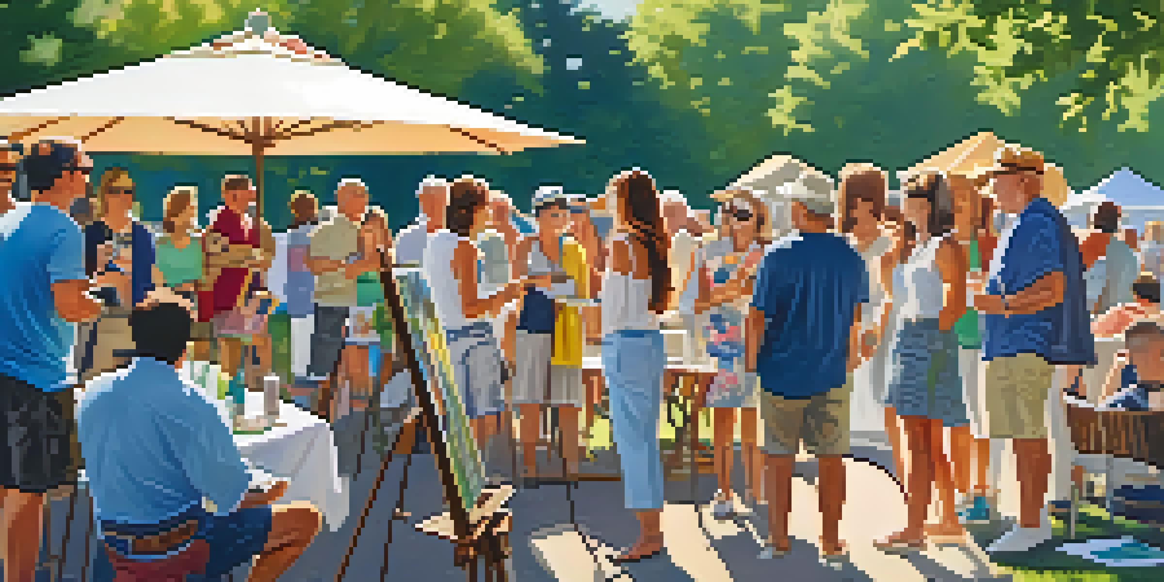 A lively outdoor art community event with artists displaying their work and attendees enjoying the atmosphere.