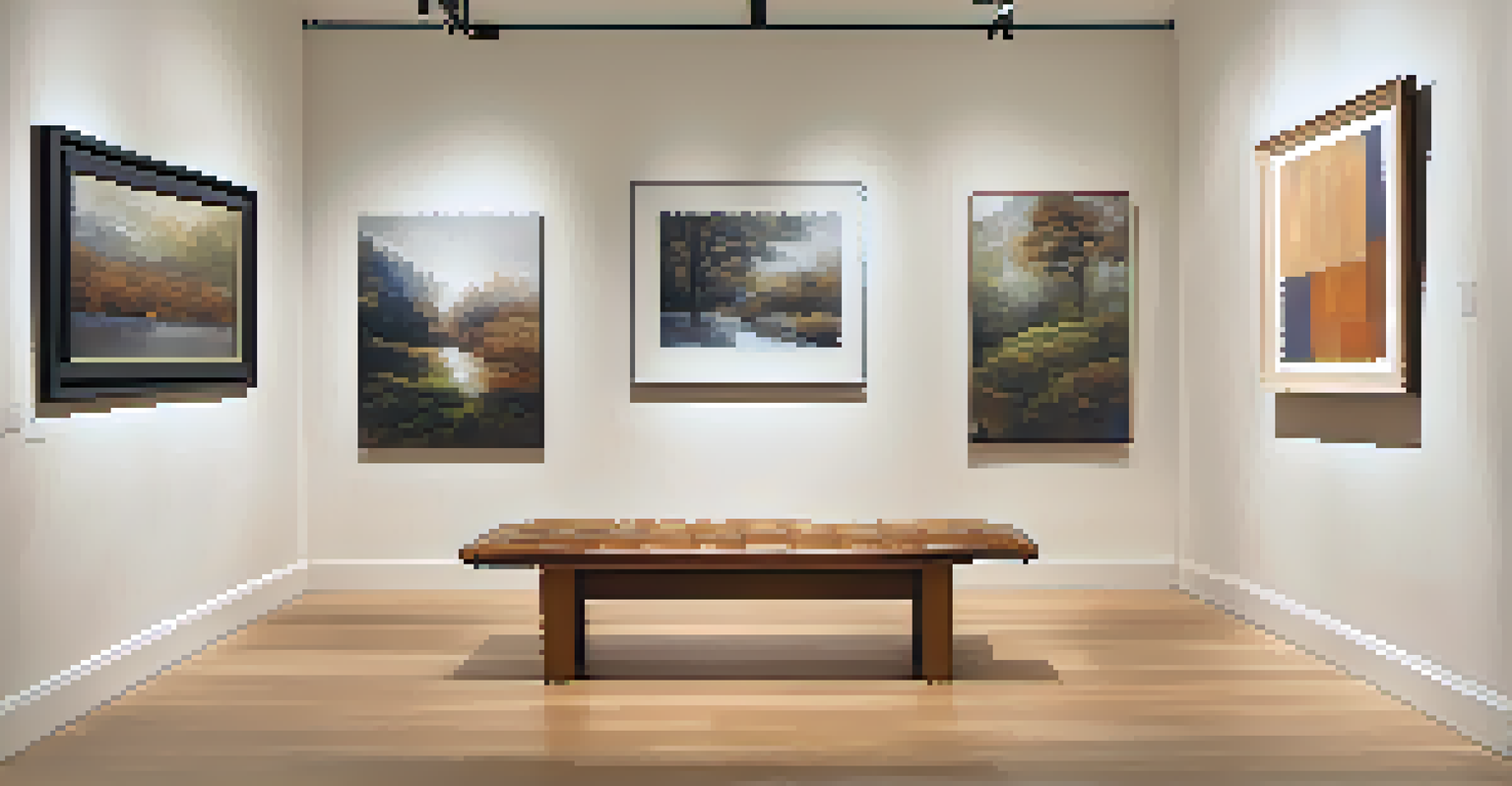 An art gallery with paintings on white walls and soft lighting.