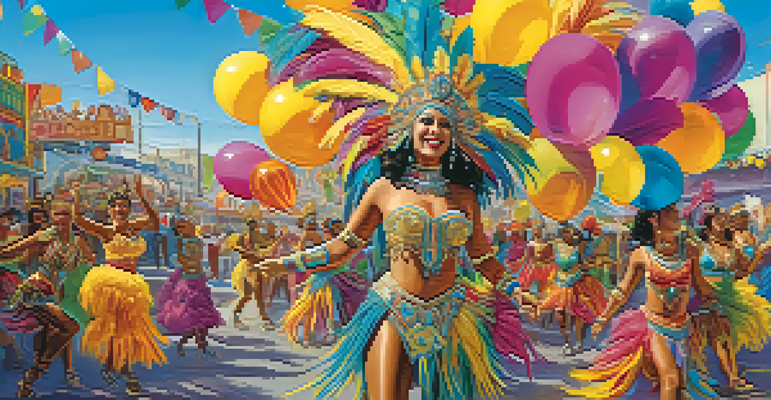 A colorful carnival scene with dancers in bright costumes and festive decorations, set against a blue sky.