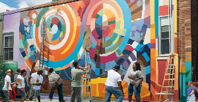 A group of diverse artists collaborating on a colorful community mural in an urban setting, engaged in discussion and painting.