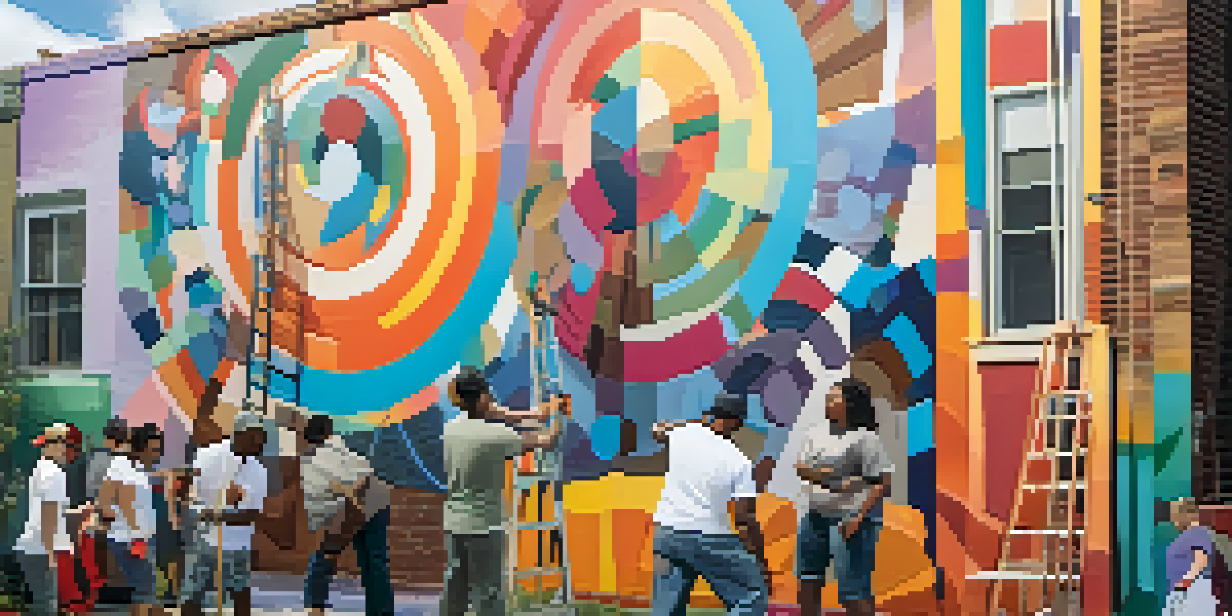 A group of diverse artists collaborating on a colorful community mural in an urban setting, engaged in discussion and painting.