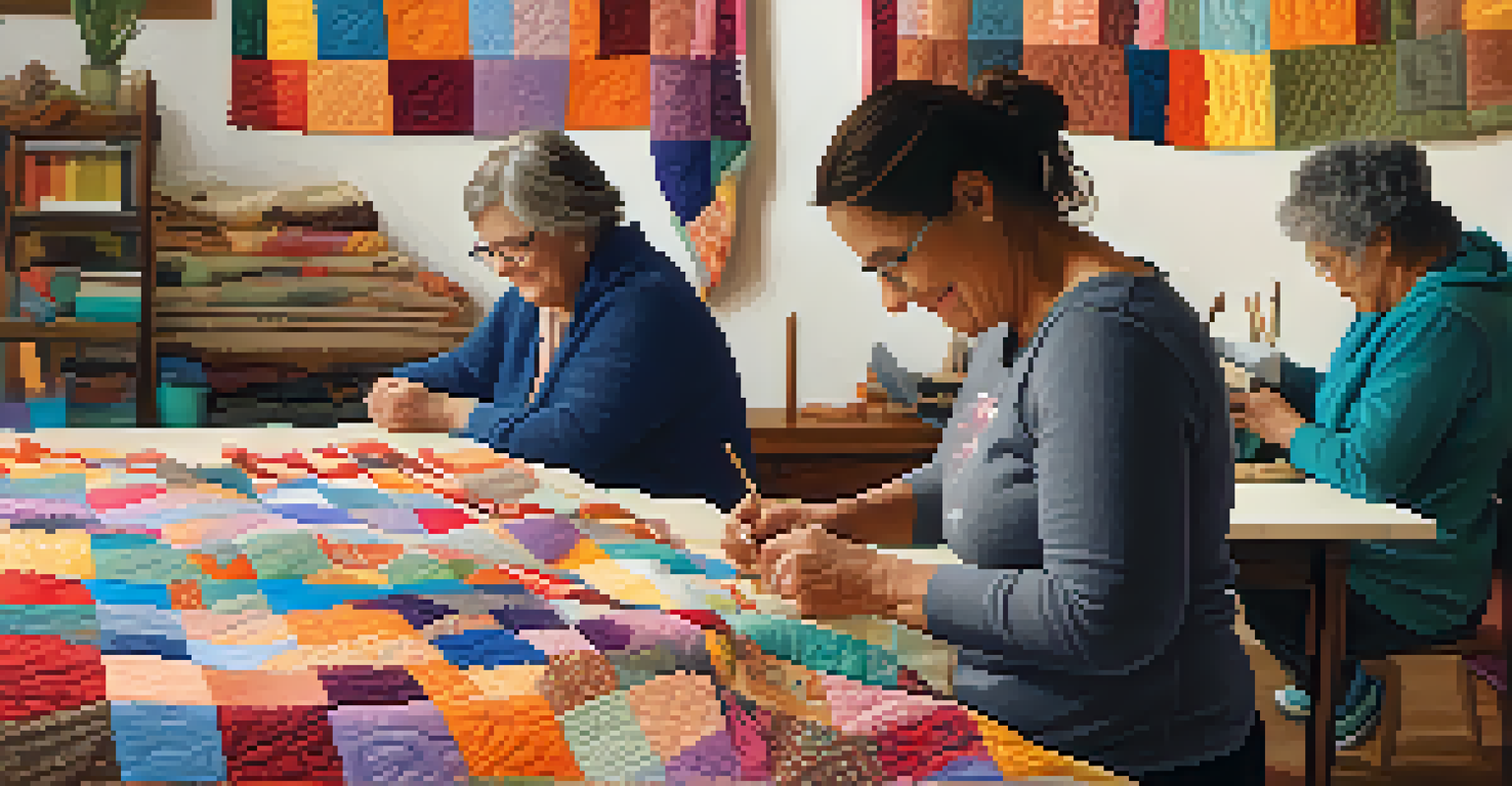 A community workshop with participants stitching colorful quilt pieces, symbolizing collaboration and creativity.