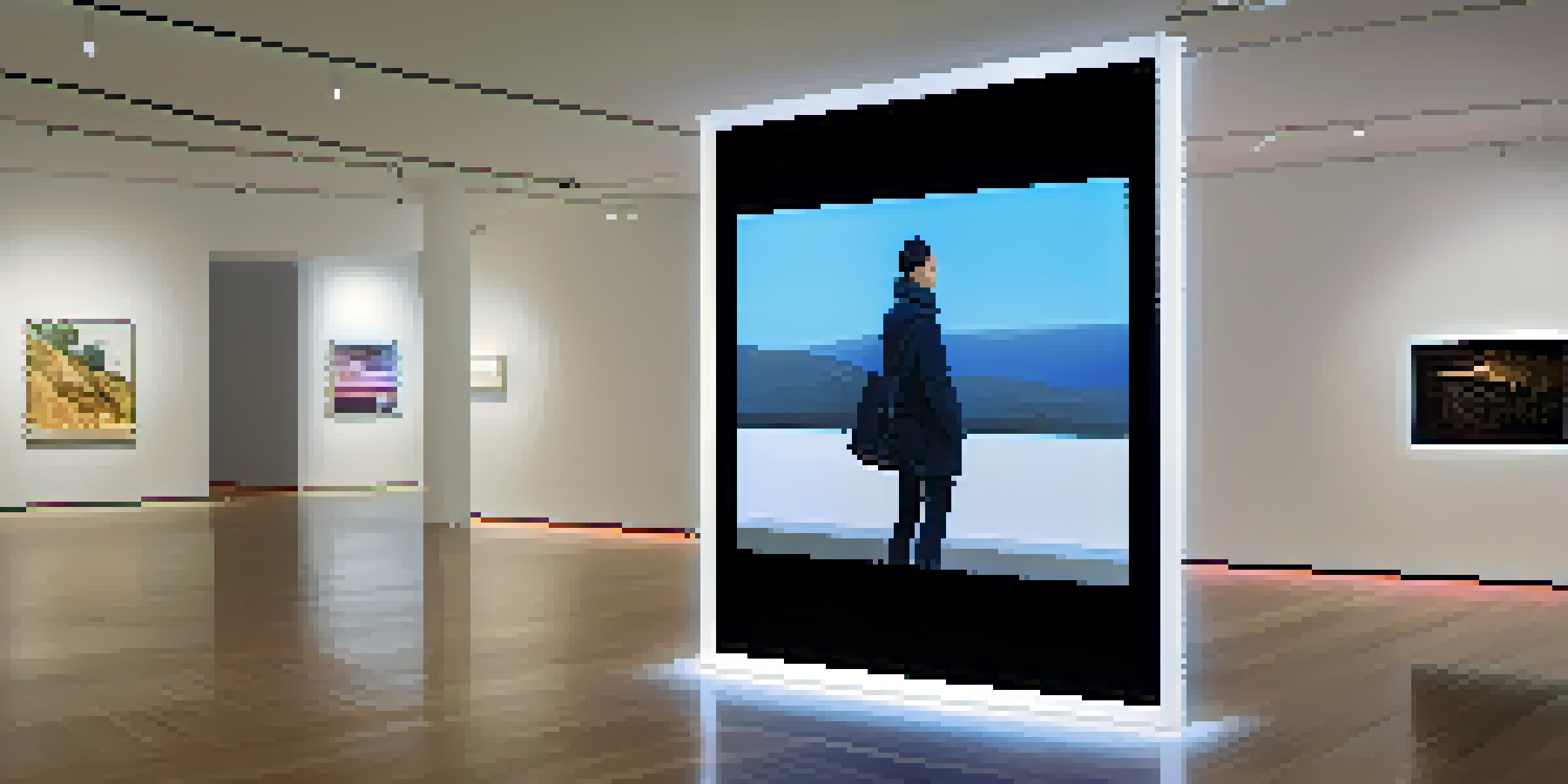 A modern art gallery displaying interactive digital screens that tell stories of various identities.