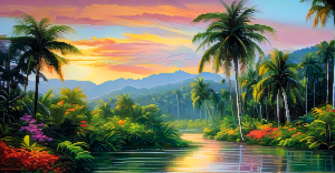 A colorful Impressionist painting of a sunset over a Brazilian jungle with palm trees and a river.