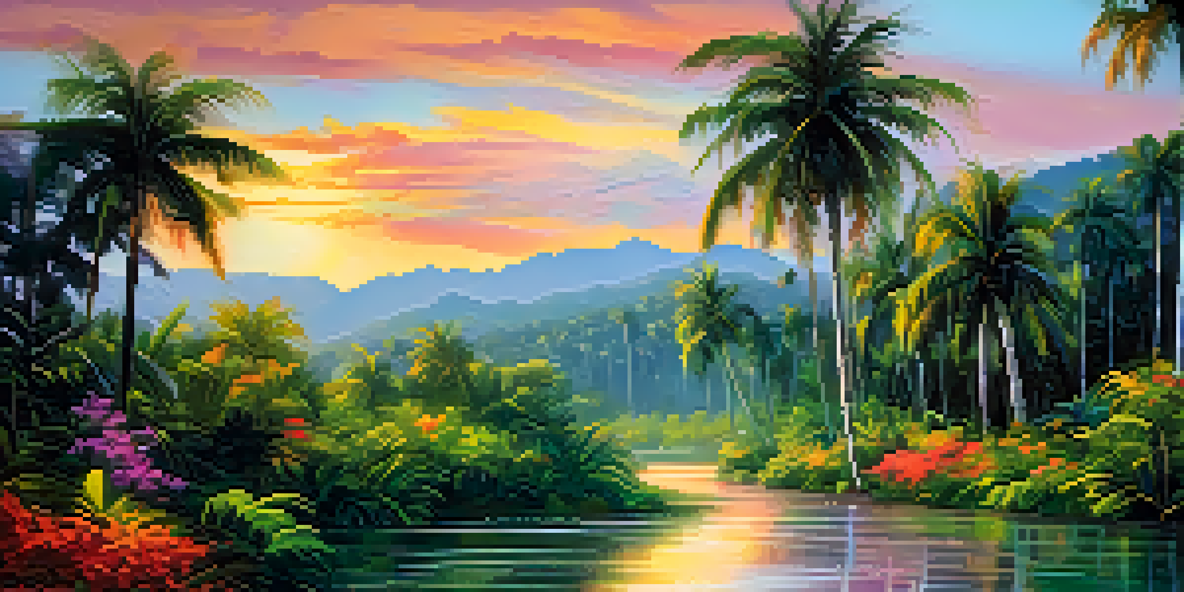 A colorful Impressionist painting of a sunset over a Brazilian jungle with palm trees and a river.