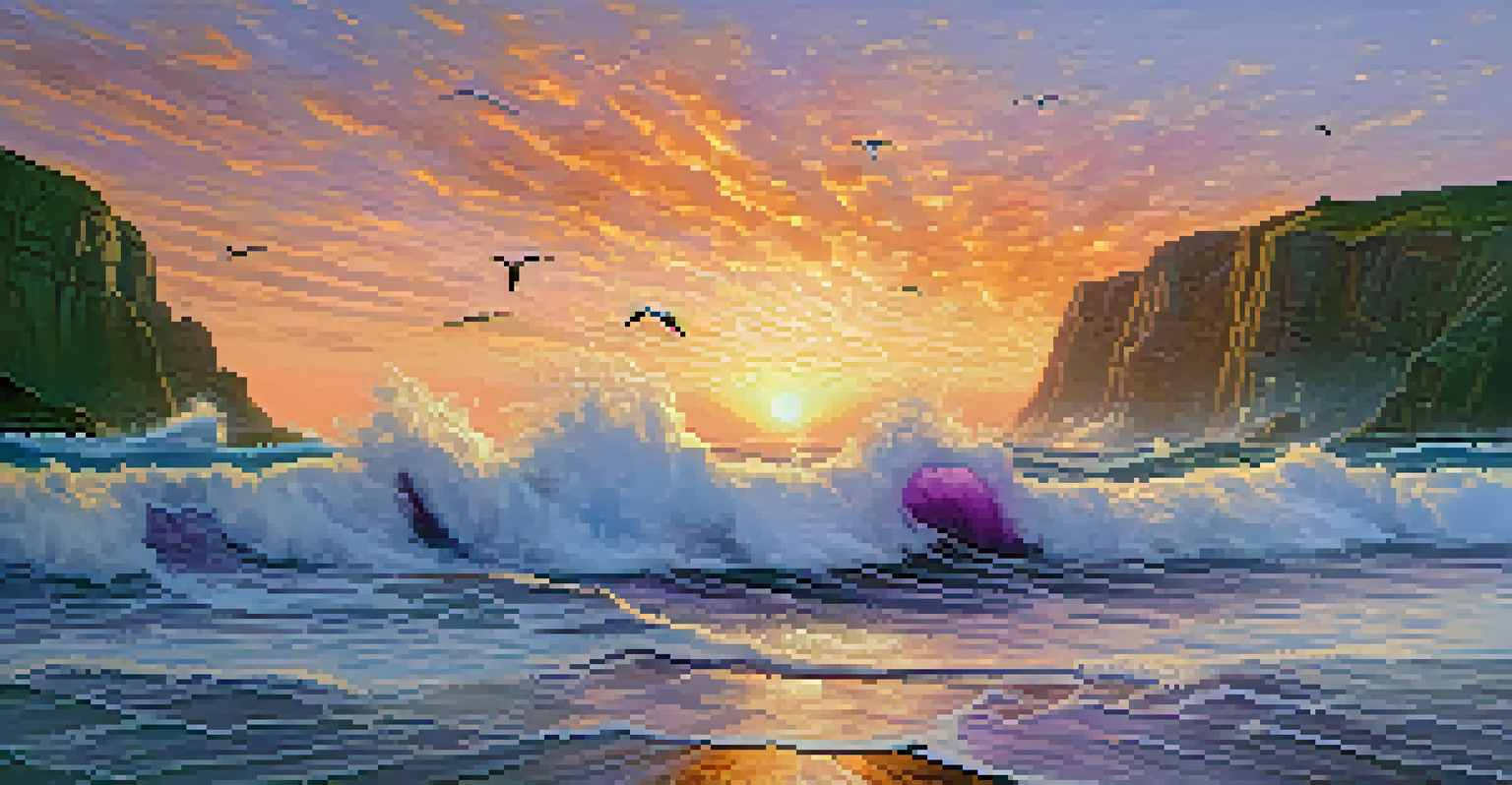 A vivid ocean scene with crashing waves against cliffs at sunset.