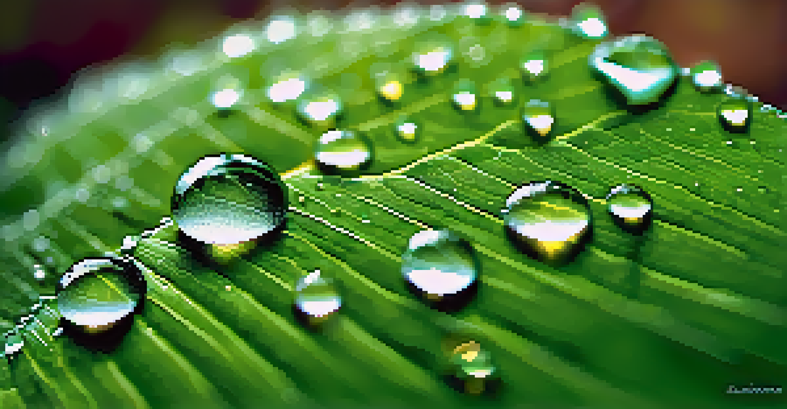 A close-up of a leaf covered in dewdrops, with sunlight creating a sparkling effect.