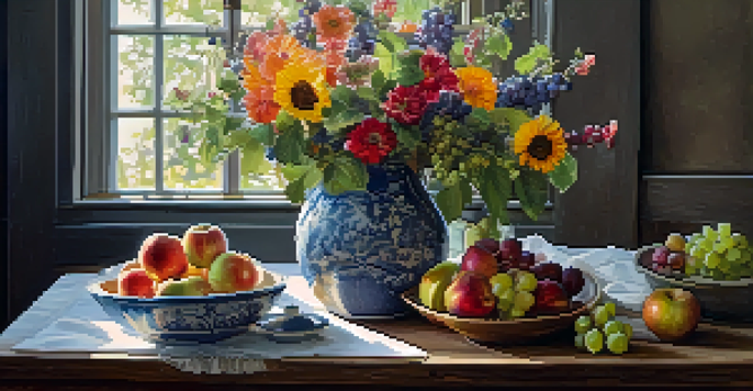 A rustic wooden table with a colorful bouquet of flowers in a ceramic vase and fresh fruits.
