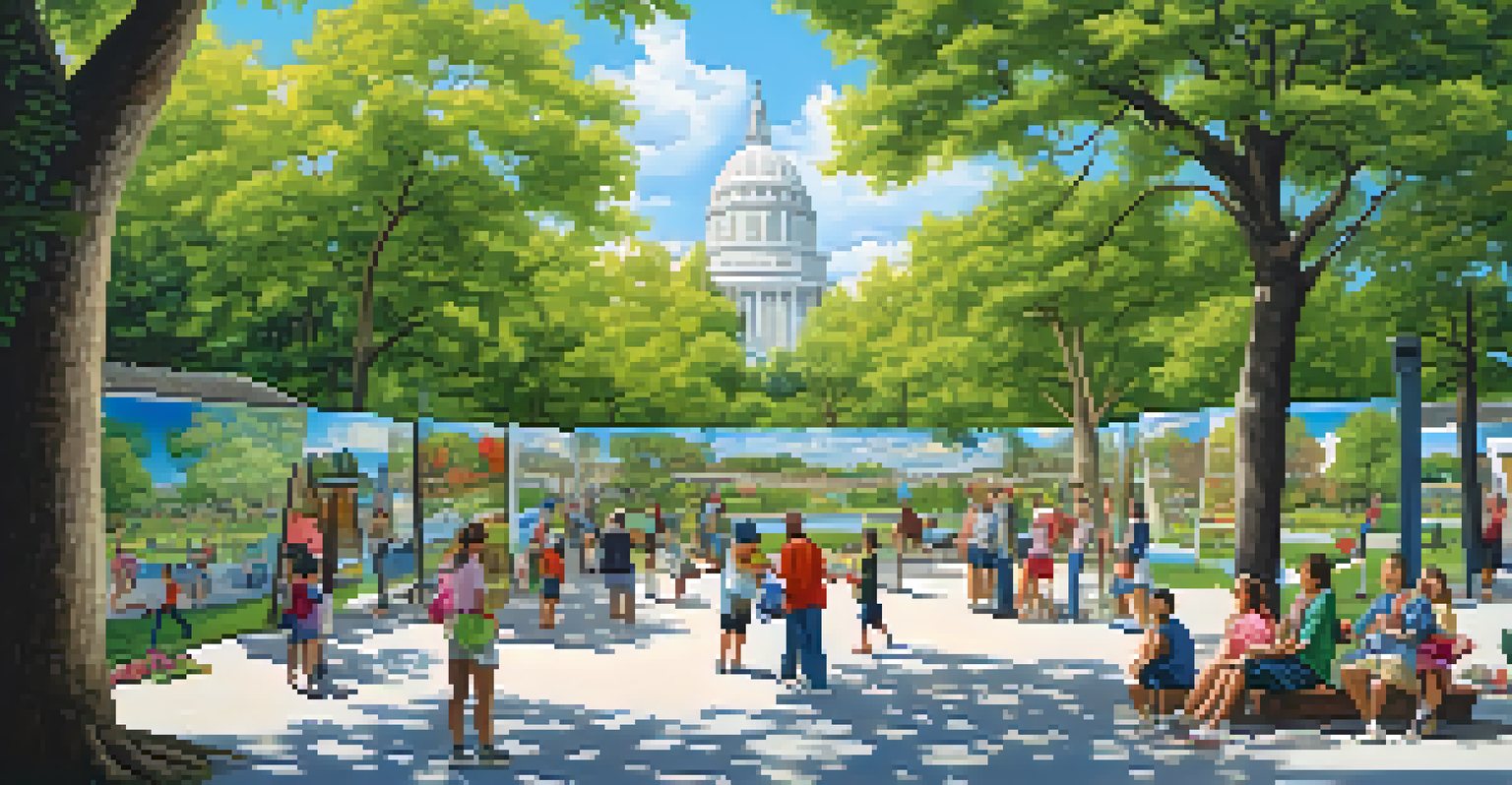 A public park featuring large murals showcasing community history, with people interacting and enjoying the artwork.