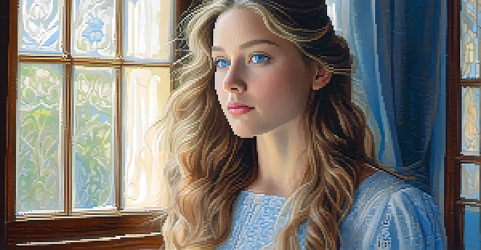 A close-up portrait of a young woman with blue eyes and wavy hair, illuminated by natural light, wearing a pastel-colored dress.