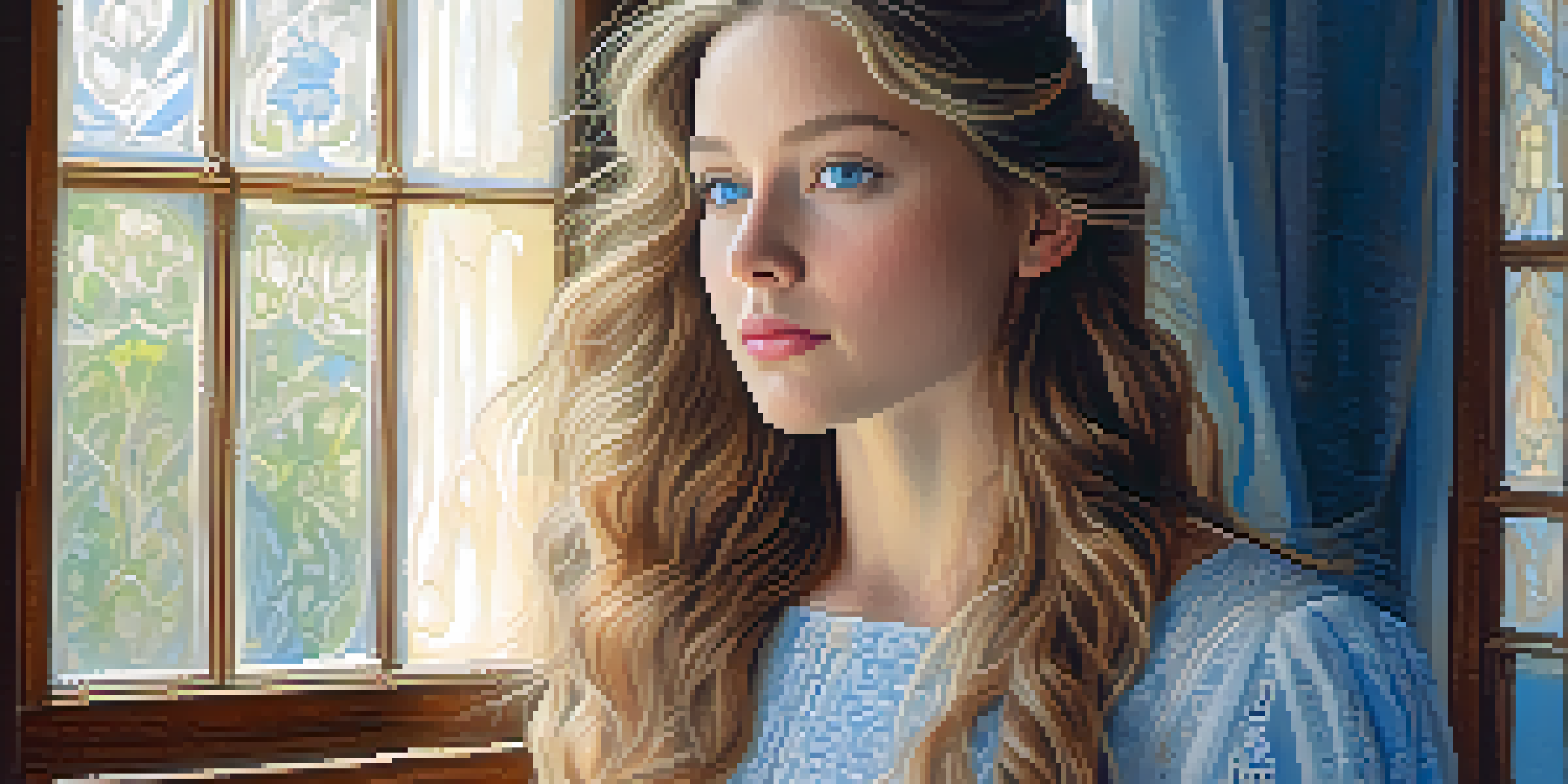 A close-up portrait of a young woman with blue eyes and wavy hair, illuminated by natural light, wearing a pastel-colored dress.