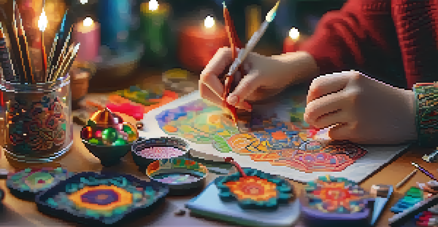 Close-up of hands making colorful handmade ornaments in a cozy workshop with fairy lights.