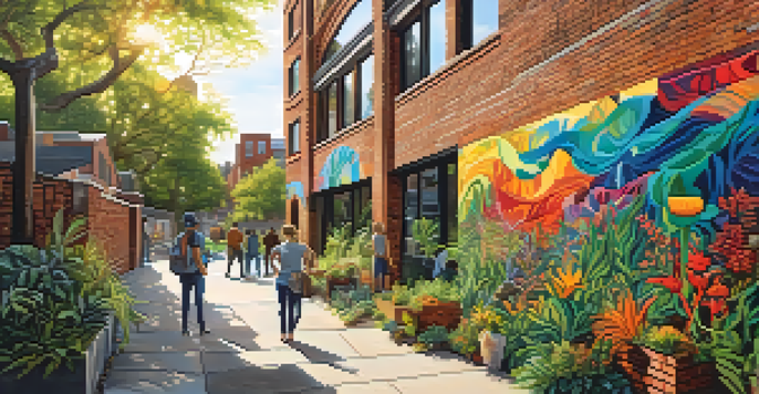 A colorful mural on a brick wall illustrating a thriving ecosystem with various plants and animals, bathed in warm sunlight.