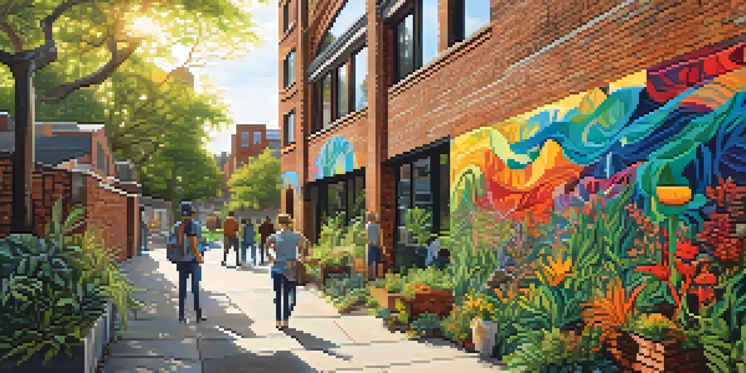 A colorful mural on a brick wall illustrating a thriving ecosystem with various plants and animals, bathed in warm sunlight.