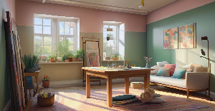 A calming art therapy space featuring soft lighting, an easel with a canvas, colorful paints, and a cozy atmosphere.