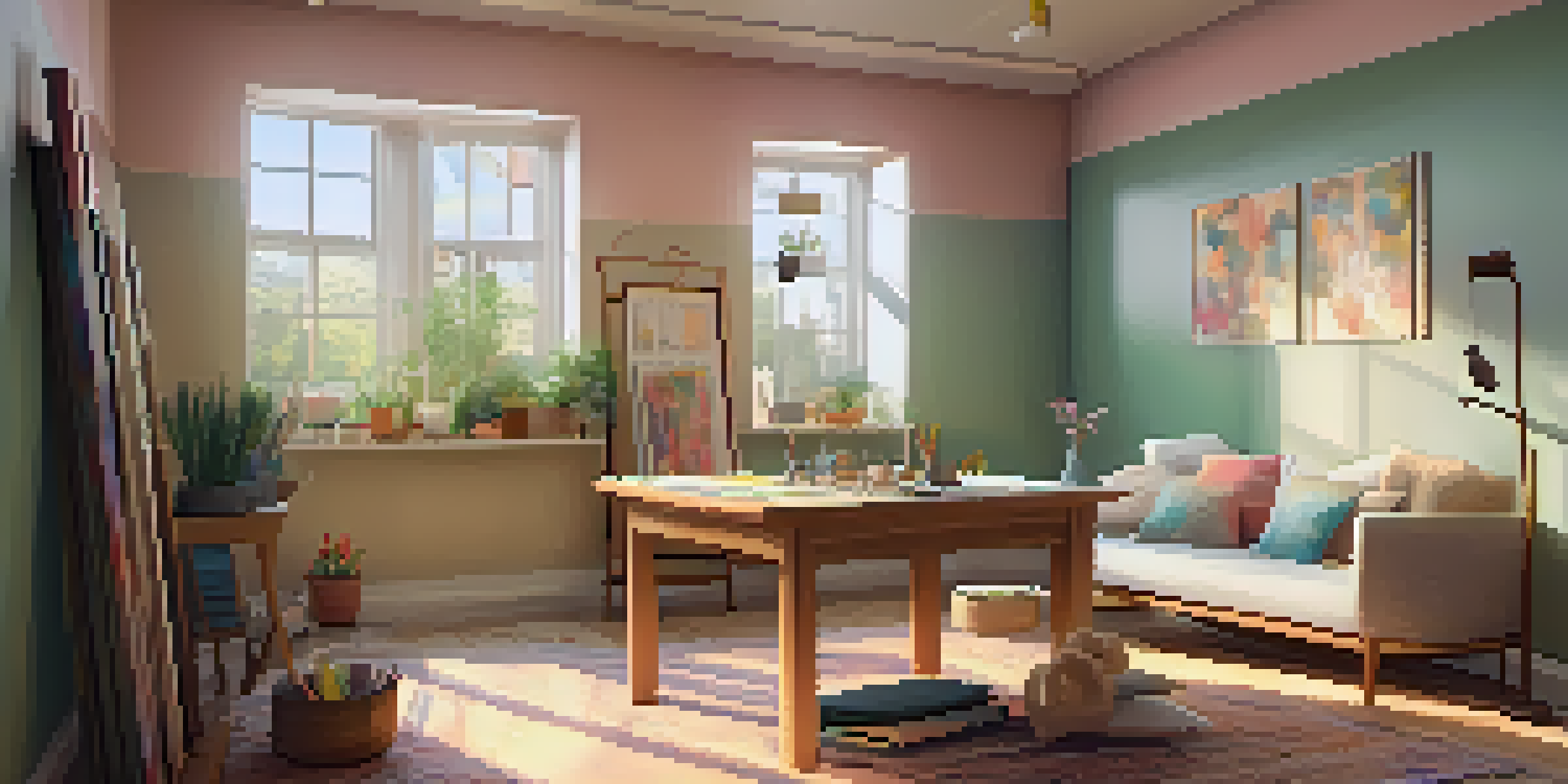 A calming art therapy space featuring soft lighting, an easel with a canvas, colorful paints, and a cozy atmosphere.