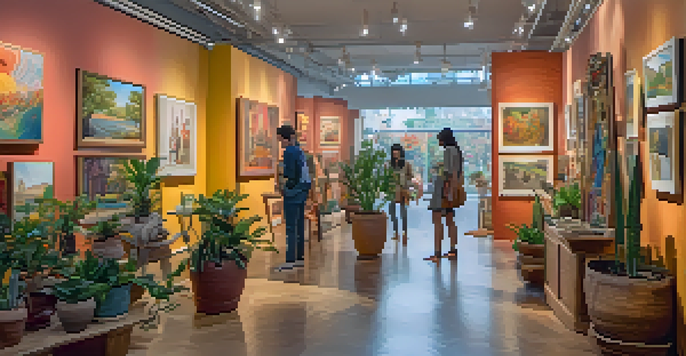 An art gallery filled with various artworks from emerging artists, with soft lighting and plants.