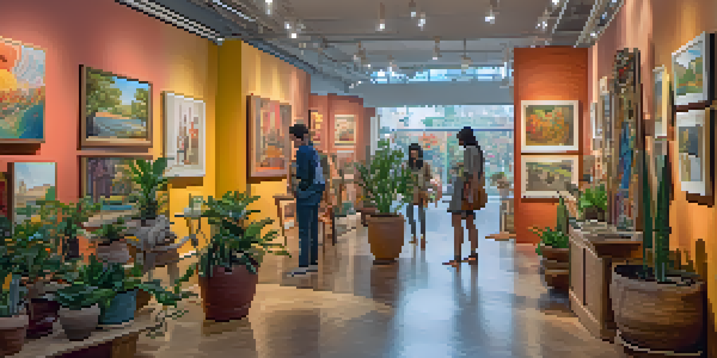 An art gallery filled with various artworks from emerging artists, with soft lighting and plants.