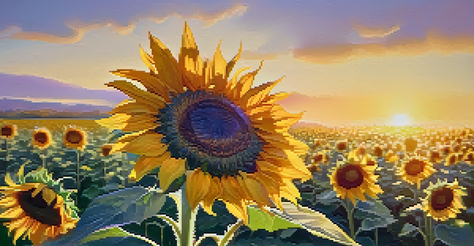 A close-up view of a sunflower field during golden hour, showcasing the bright petals and soft sunlight illuminating the flowers.