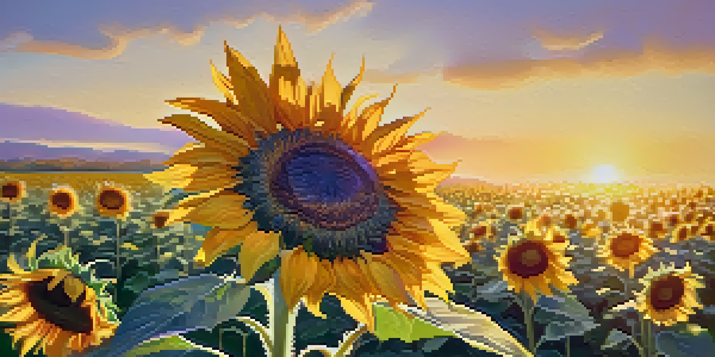 A close-up view of a sunflower field during golden hour, showcasing the bright petals and soft sunlight illuminating the flowers.