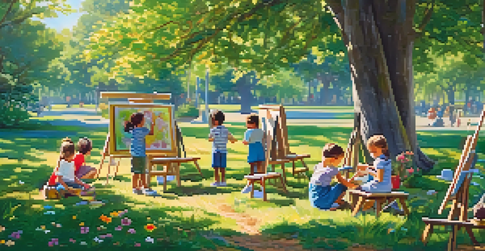 Children of diverse backgrounds painting outdoors in a sunny park using leaves and twigs, surrounded by greenery and colorful flowers.