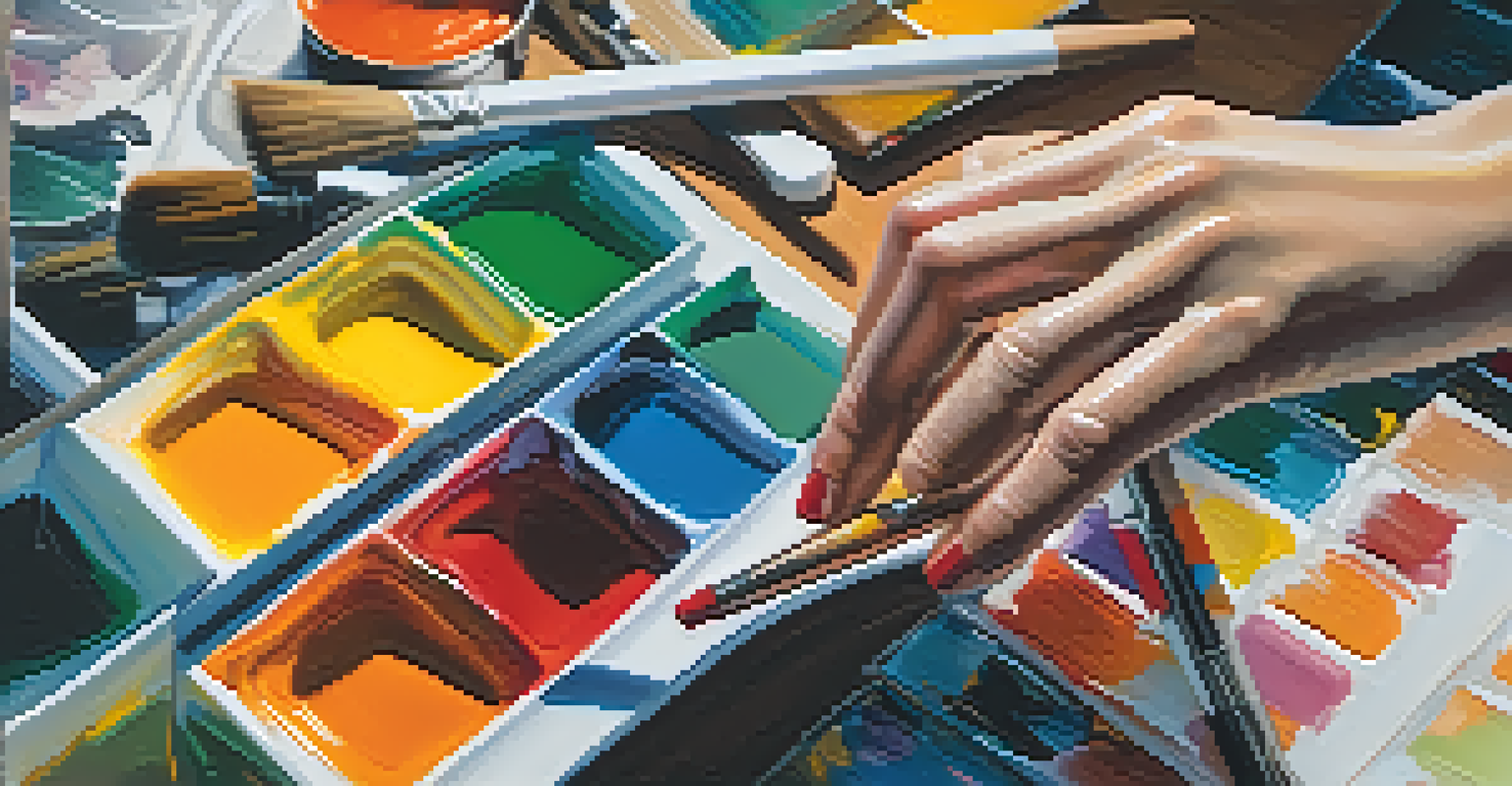 An artist's hand mixing vibrant paint on a palette with an abstract canvas blurred in the background.