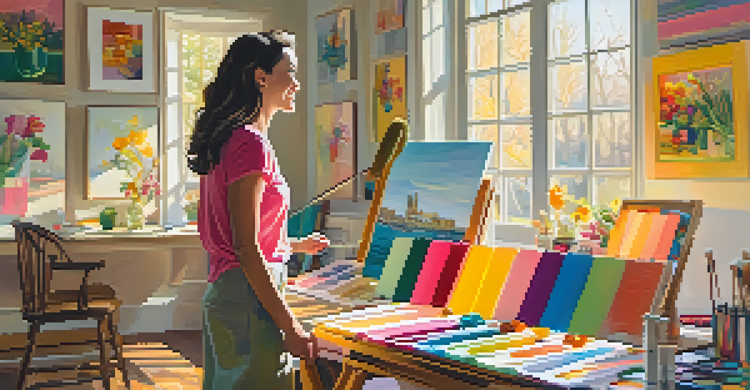 An artist in a bright studio filled with colorful paintings, smiling as they work on a new canvas, with sunlight illuminating the warm and inviting colors.