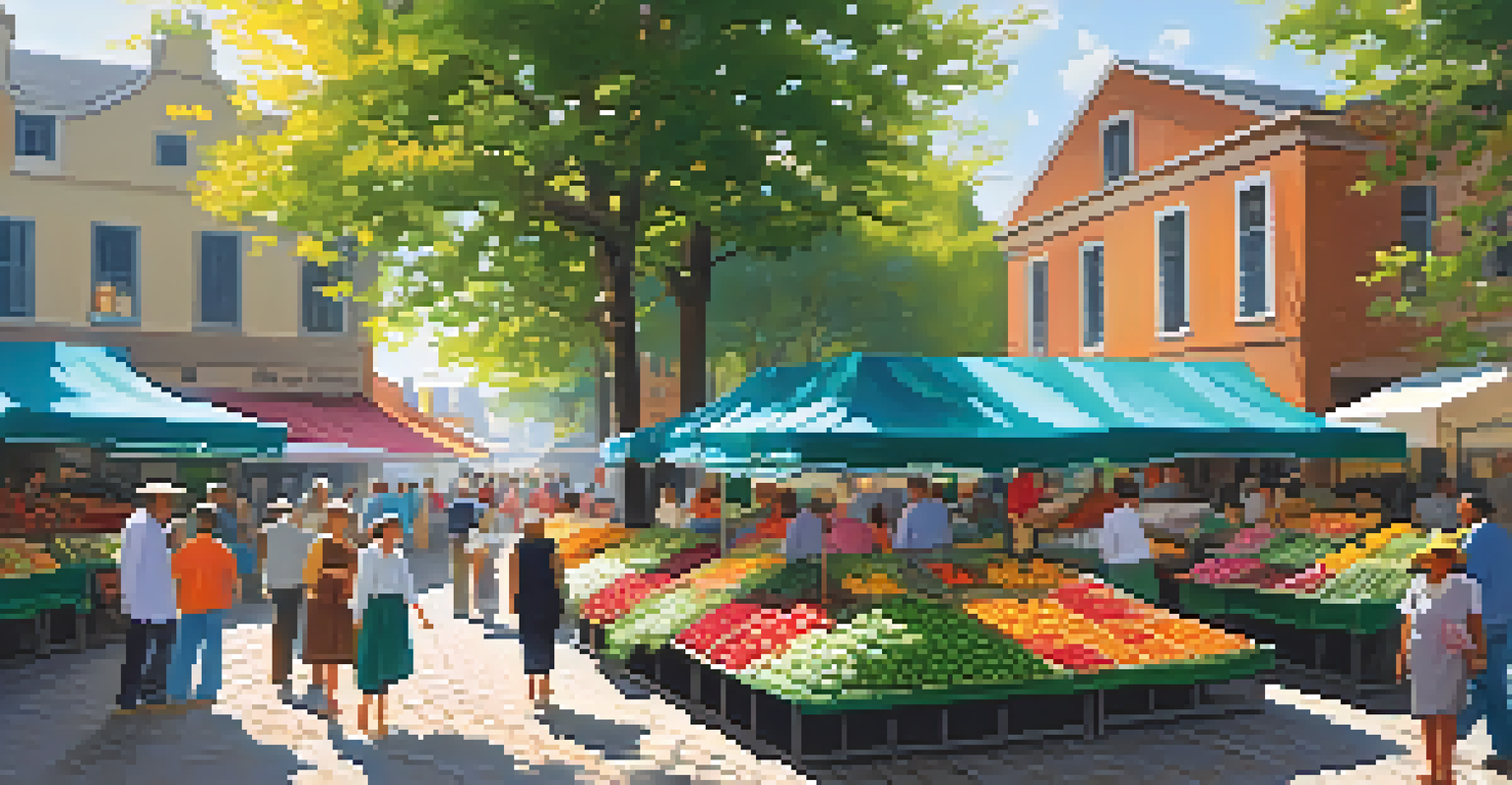 A lively outdoor market with colorful flowers and fresh produce under sunlight, featuring people talking and a painter capturing the scene.