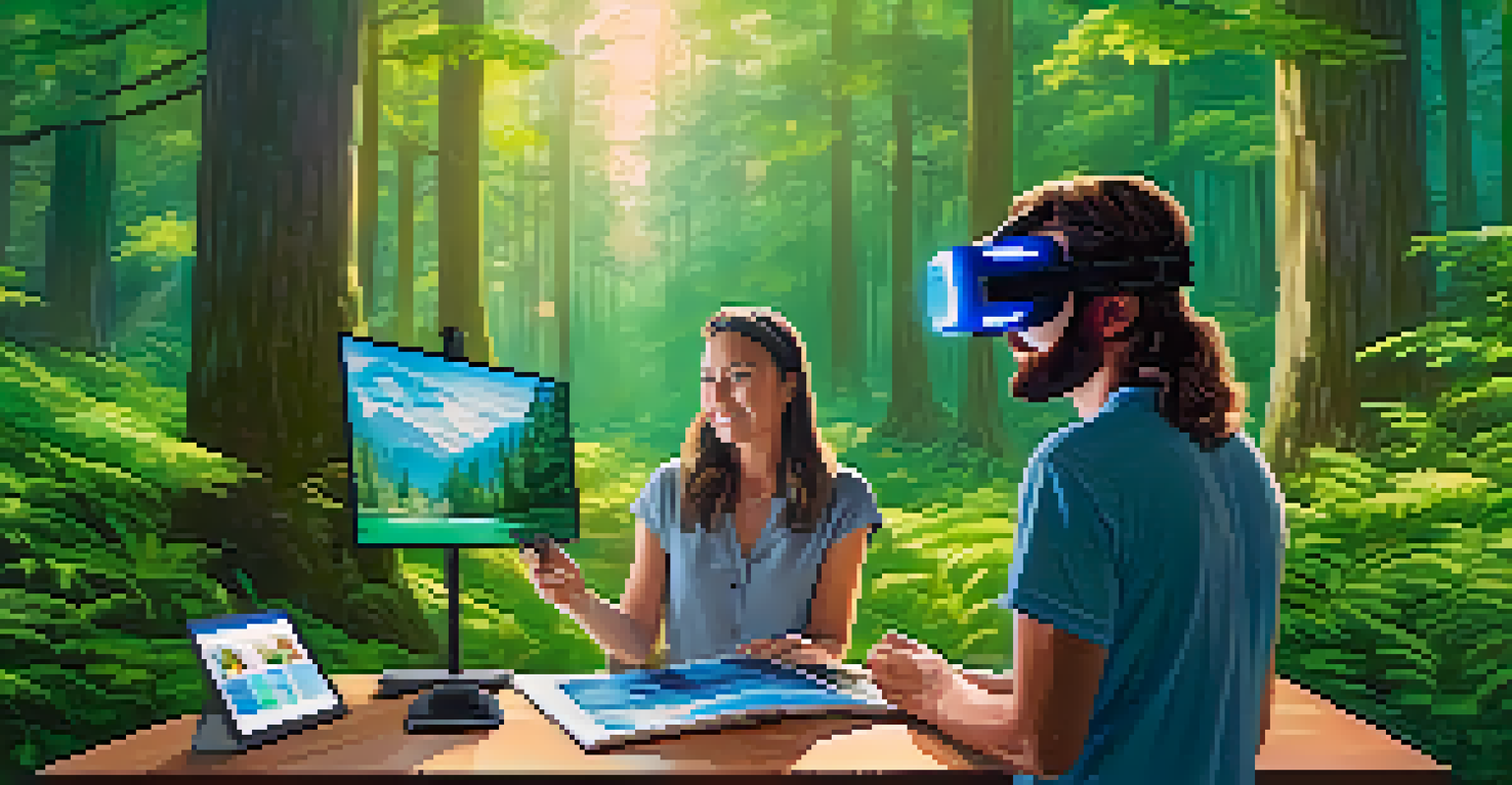 An art therapist assisting a client in a virtual reality art session in a forest setting, with colorful digital artwork being created.