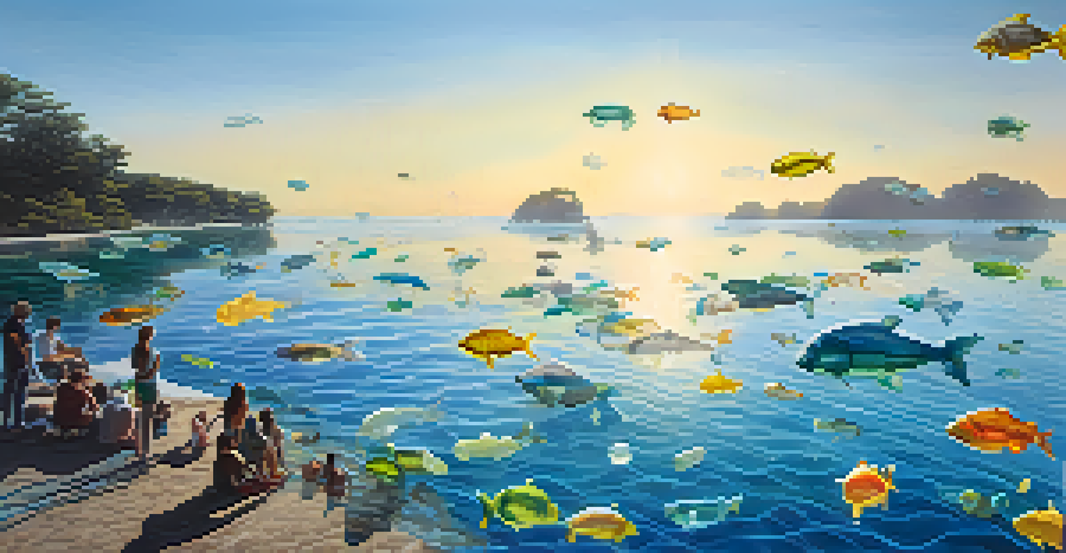 Floating plastic sculptures in a water body, designed to resemble marine life, highlighting the issue of pollution. Sunlight creates reflections on the water's surface.