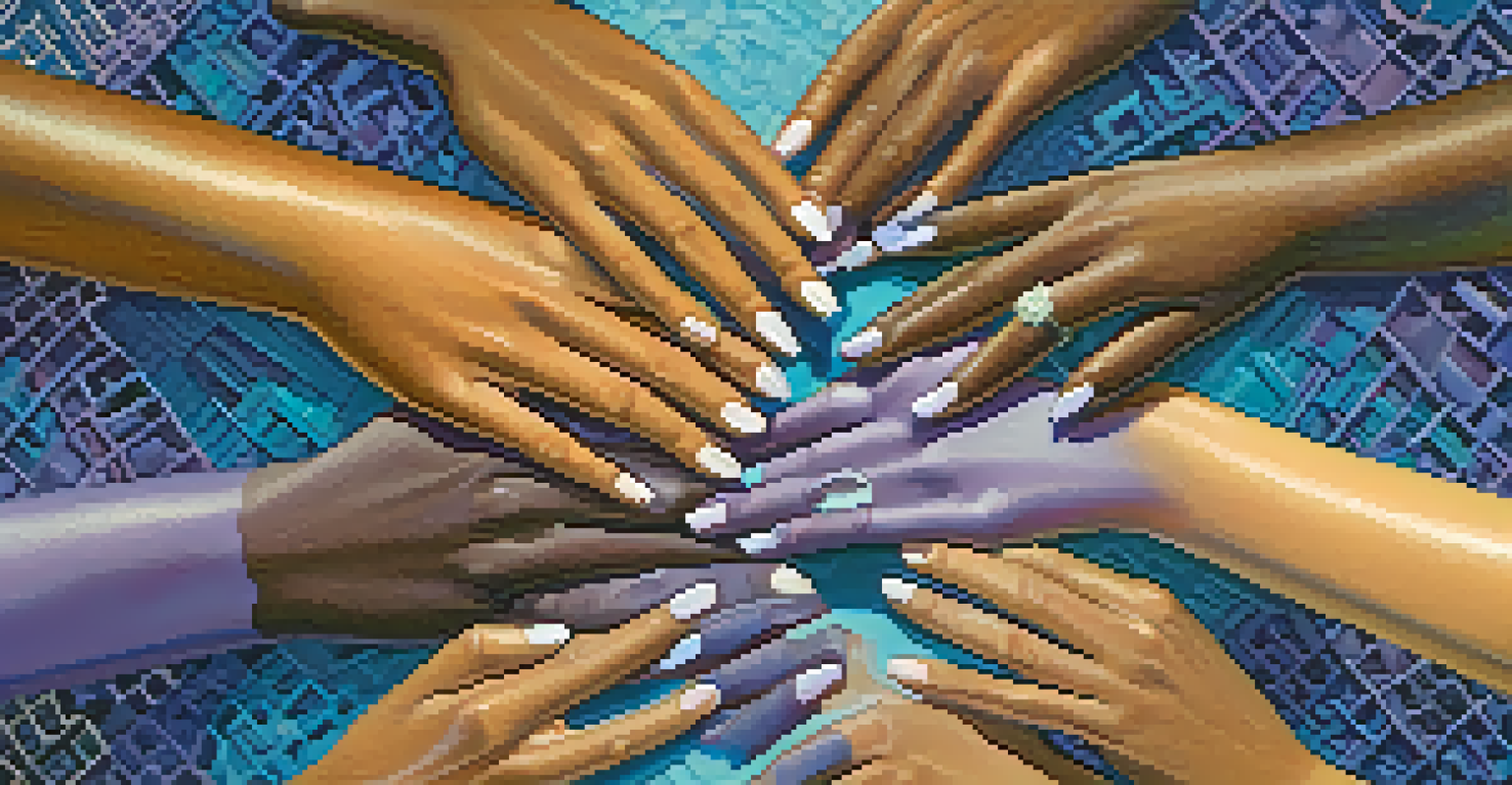 A circle of hands of different skin tones symbolizing unity and diversity, set against a gradient blue and purple background.