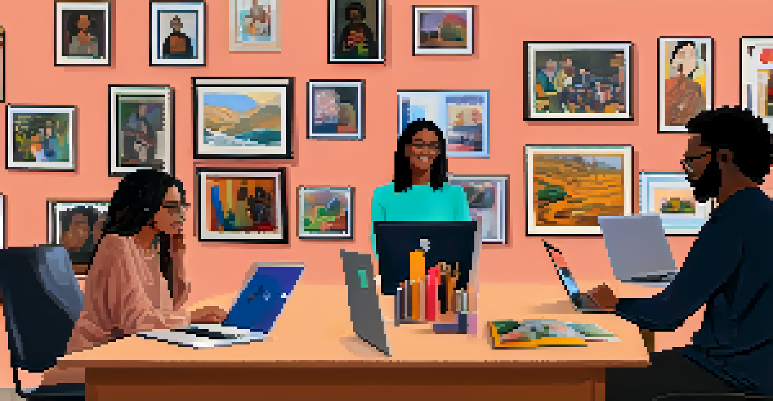 A group of diverse art critics discussing artworks on a video call, with paintings displayed in the background of their virtual gallery.