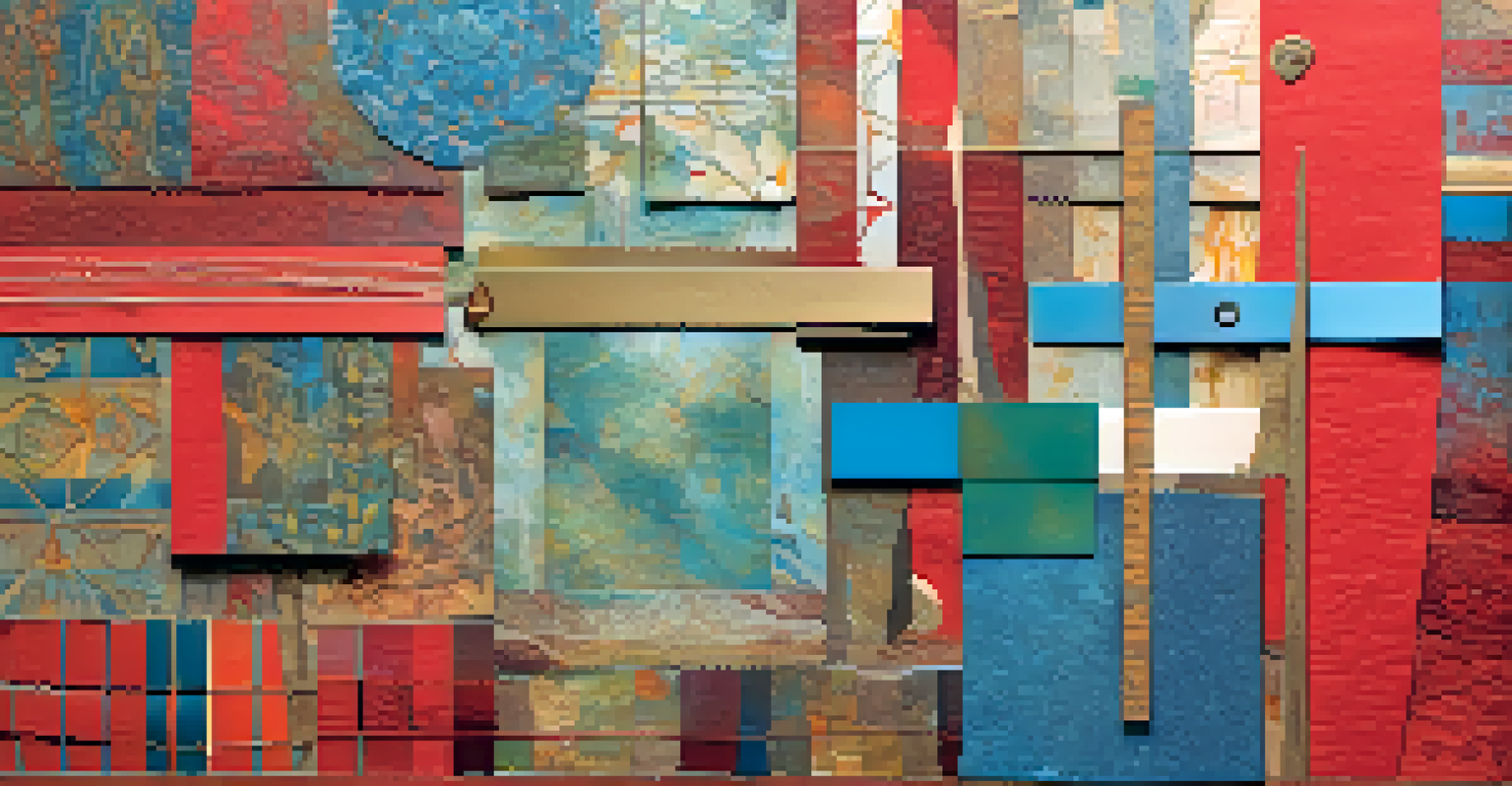 A close-up of a mixed media collage with layered textures, vibrant colors, and intricate details inviting viewers to explore.