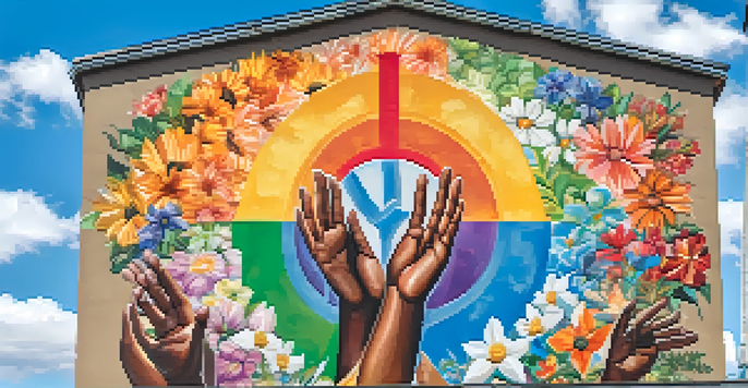 A colorful mural showing hands of various skin tones reaching up, surrounded by flowers and peace symbols against a blue sky.