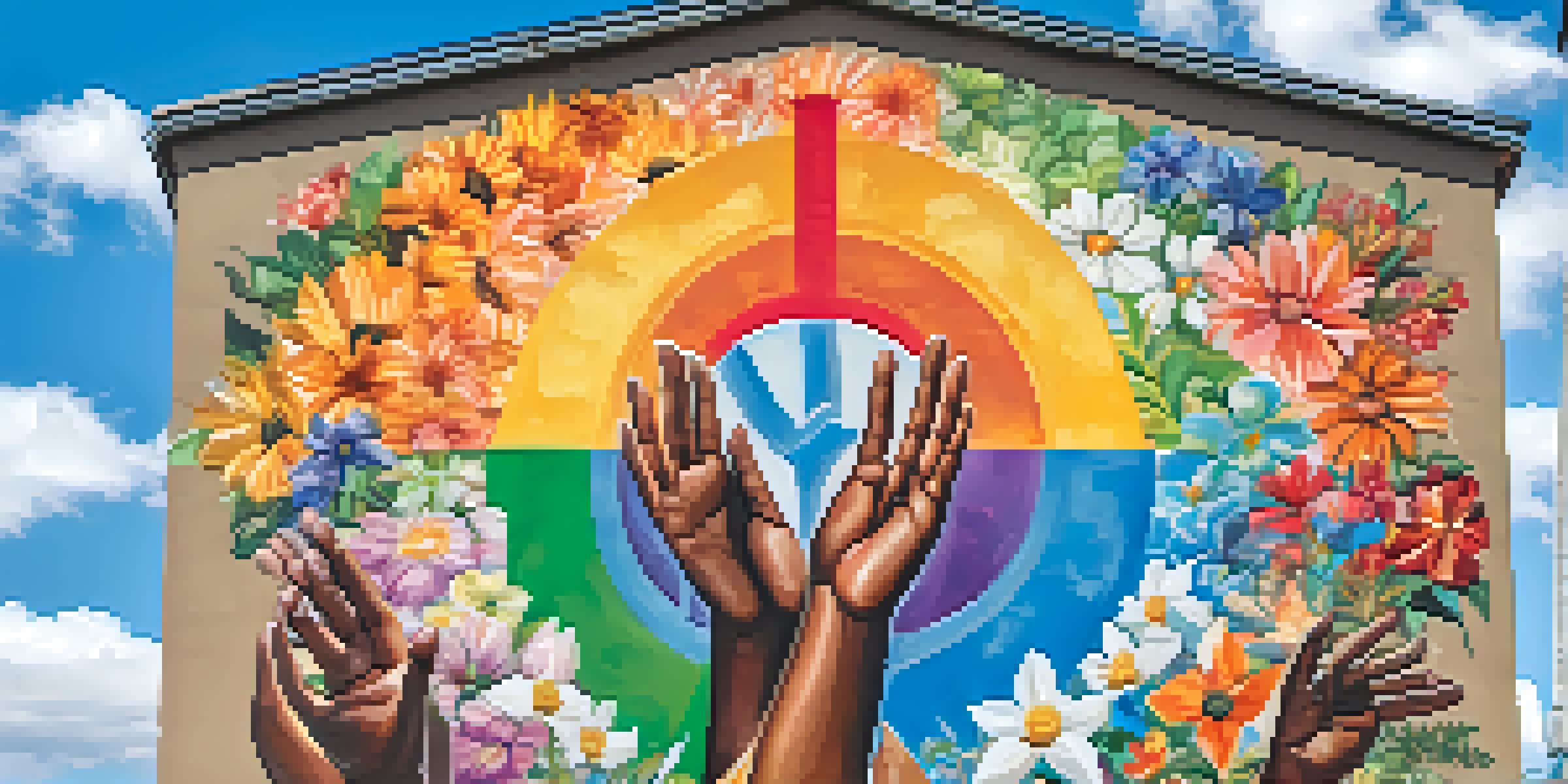 A colorful mural showing hands of various skin tones reaching up, surrounded by flowers and peace symbols against a blue sky.