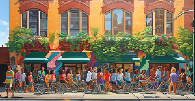 A colorful mural on a brick building showing diverse people holding hands, surrounded by urban greenery and sunlight.