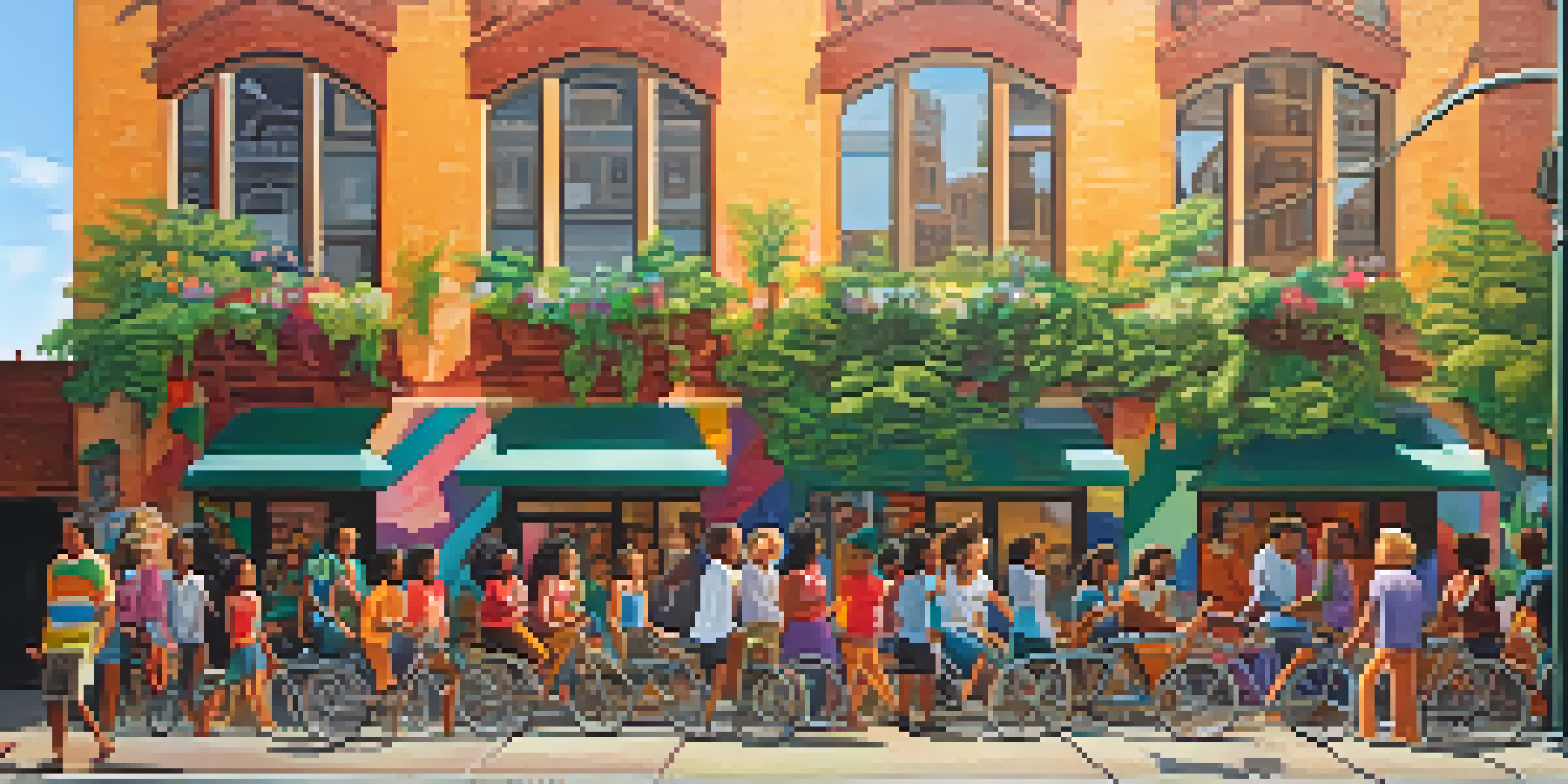 A colorful mural on a brick building showing diverse people holding hands, surrounded by urban greenery and sunlight.