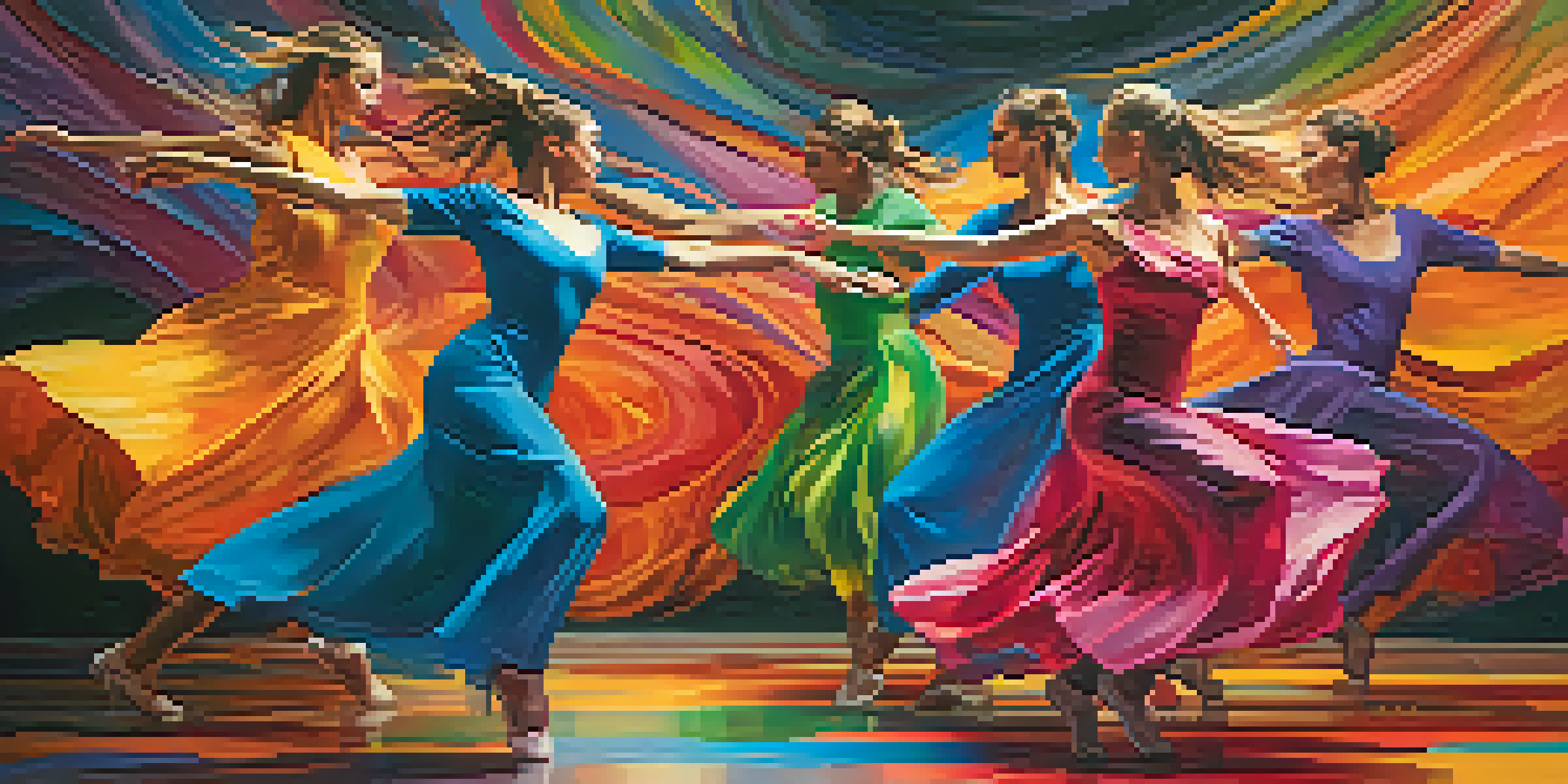 Dancers in colorful costumes performing against a backdrop of abstract paintings, showcasing the connection between movement and art.