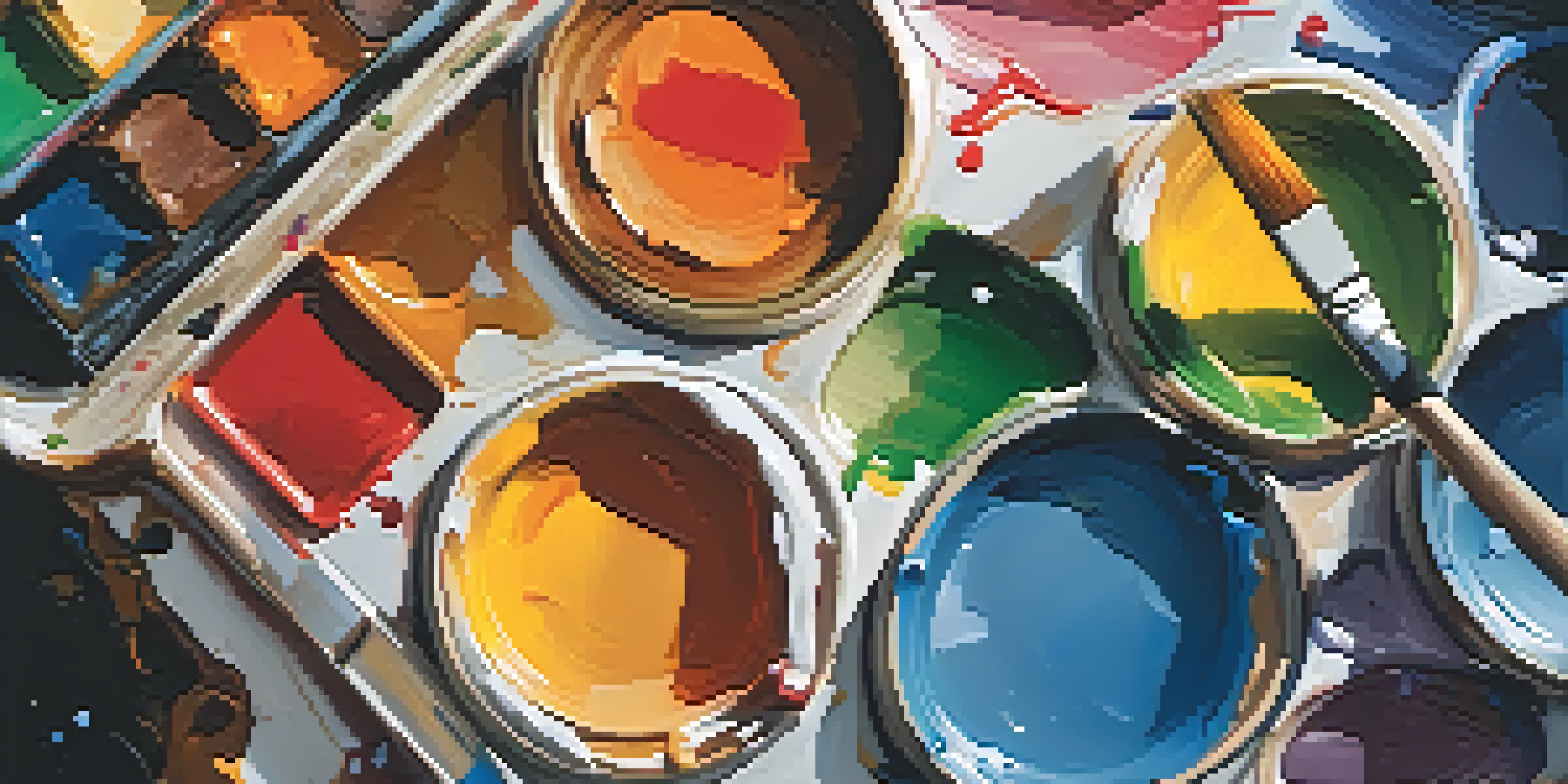 A close-up view of an artist's palette filled with colorful, uneven brush strokes and paint splatters, illuminated by natural light.
