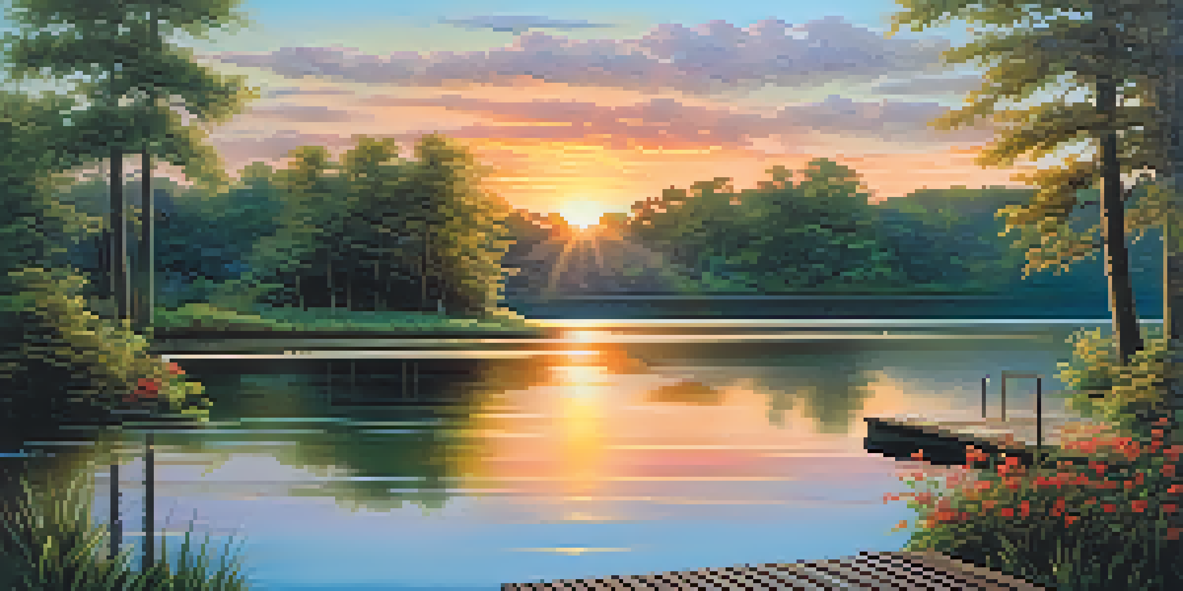 A tranquil lake at sunset, surrounded by greenery and a small wooden dock, evoking nostalgic childhood memories.