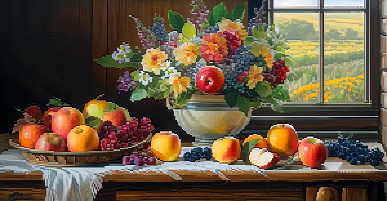 A close-up of a rustic wooden table with colorful fruits and wildflowers, sunlight highlighting textures, and an open vintage book nearby.