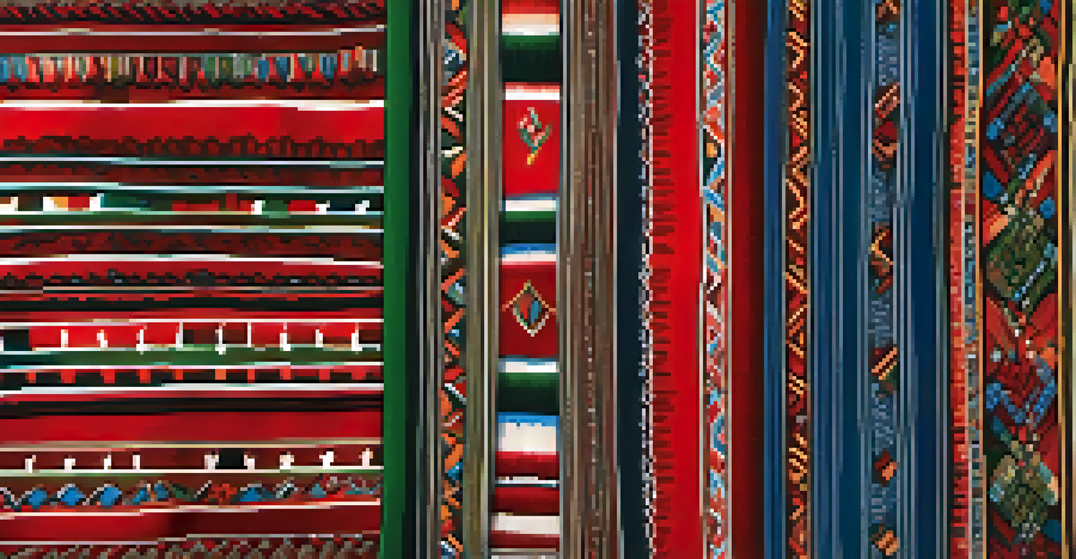 A close-up view of traditional indigenous textiles with intricate patterns in vibrant red, blue, and green colors.