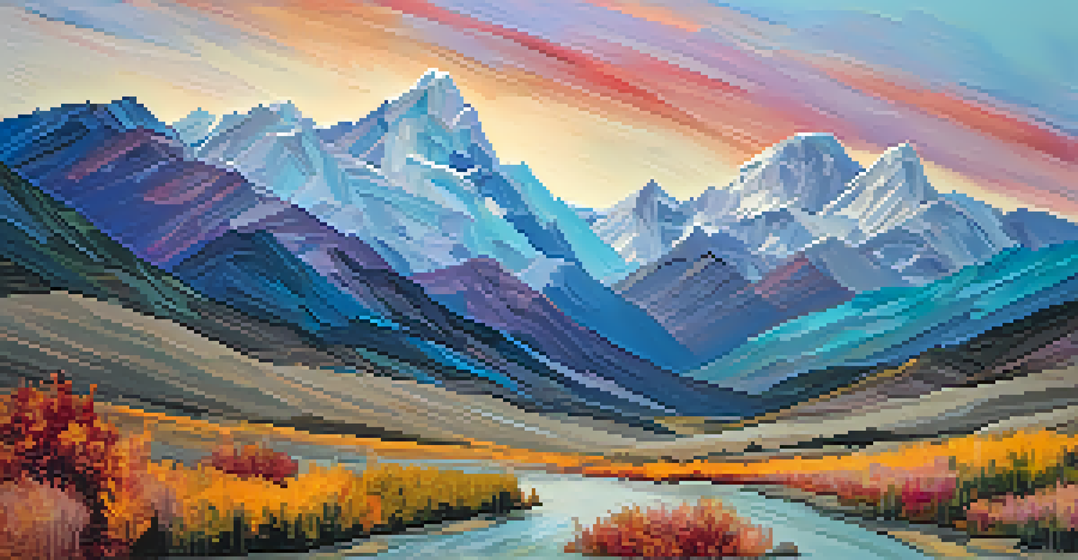 An abstract landscape painting with thick textures of rocky mountains and smooth blended colors in the sky, inviting exploration.
