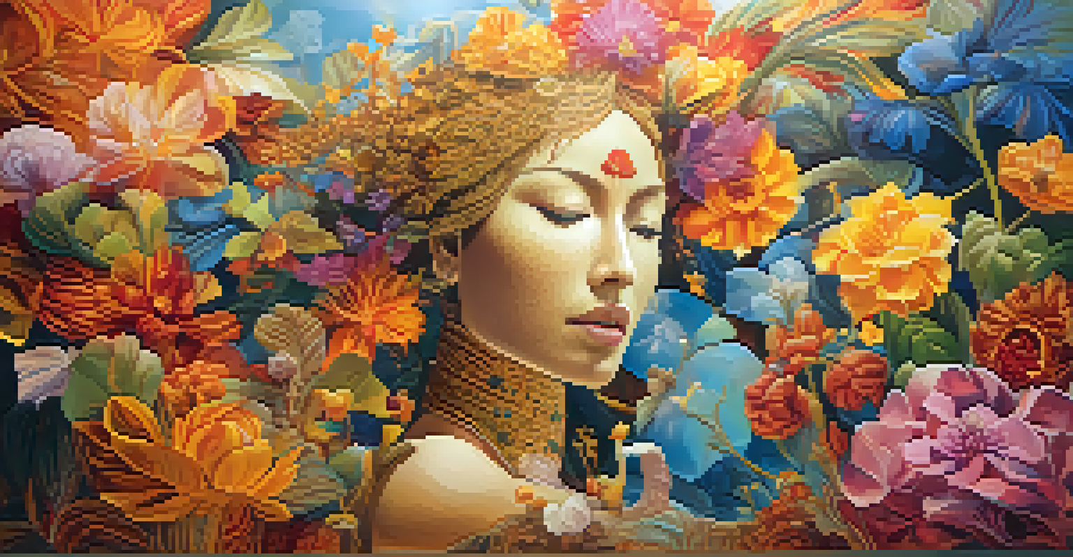 Intertwining human figures surrounded by vibrant floral motifs and golden accents.