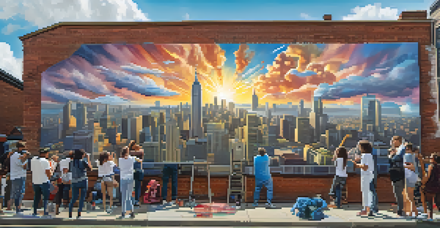 A street artist painting a mural that features augmented reality elements, with a crowd of onlookers using their smartphones.