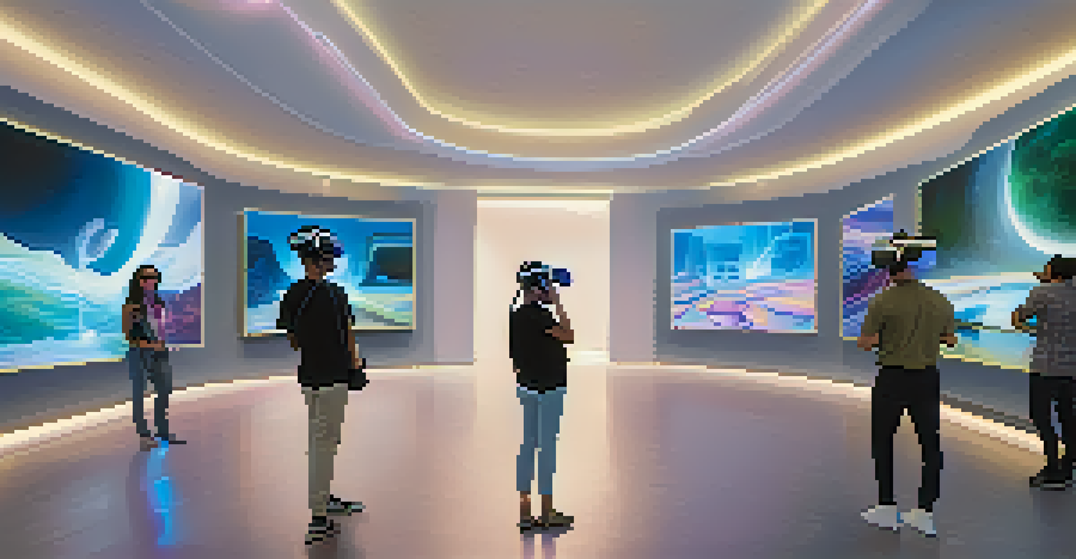 A modern art gallery filled with visitors experiencing virtual reality art, featuring sleek architecture and bright lighting.