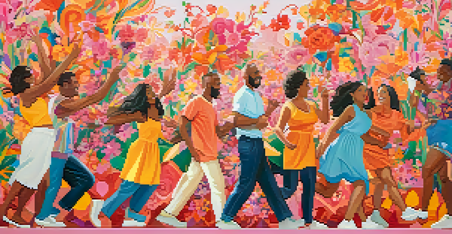 A colorful mural featuring a diverse group of people joyfully celebrating love, surrounded by flowers and abstract patterns.