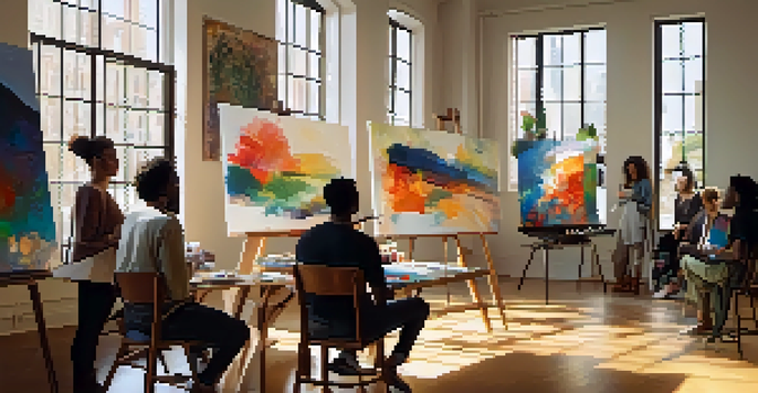 A diverse group of artists engaged in a constructive critique session in a sunlit studio with colorful paintings on the walls.