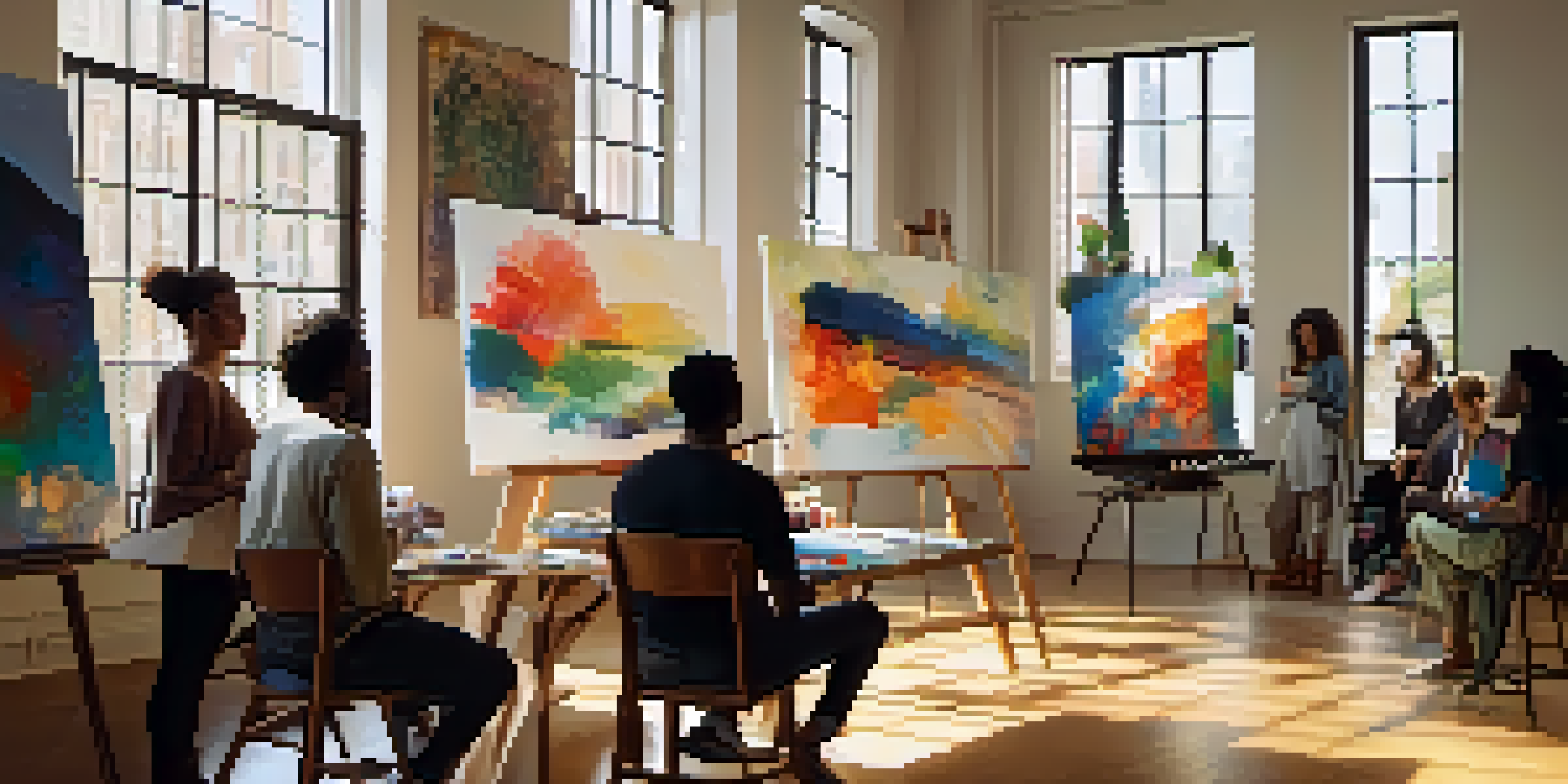 A diverse group of artists engaged in a constructive critique session in a sunlit studio with colorful paintings on the walls.